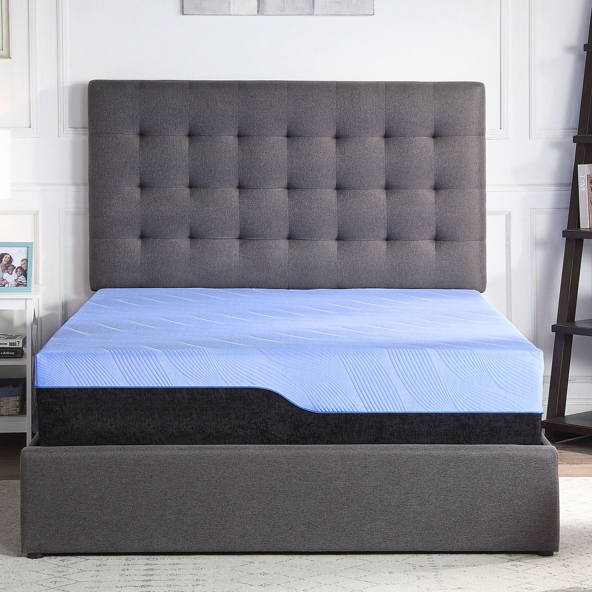 12 inch Refresh Hybrid Latex Foam and Coil Mattress on dark gray tufted bed with blue cover on Tampa Home & Garden Store