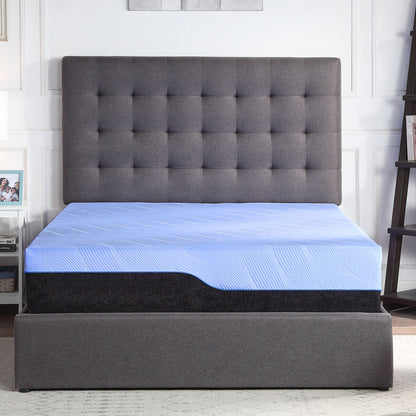 12 inch Refresh Hybrid Latex Foam and Coil Mattress on dark gray tufted bed with blue cover on Tampa Home & Garden Store