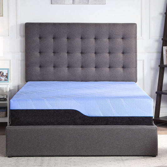 12 inch Refresh Hybrid Latex Foam and Coil Mattress on dark gray tufted bed with blue cover on Tampa Home & Garden Store