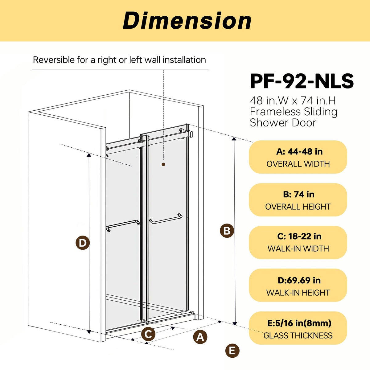 Frameless double sliding shower door HouseOfZazla tempered glass gold gray black A–E dimension on Tampa Home & Garden Store