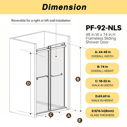 Frameless double sliding shower door HouseOfZazla tempered glass gold gray black A–E dimension on Tampa Home & Garden Store