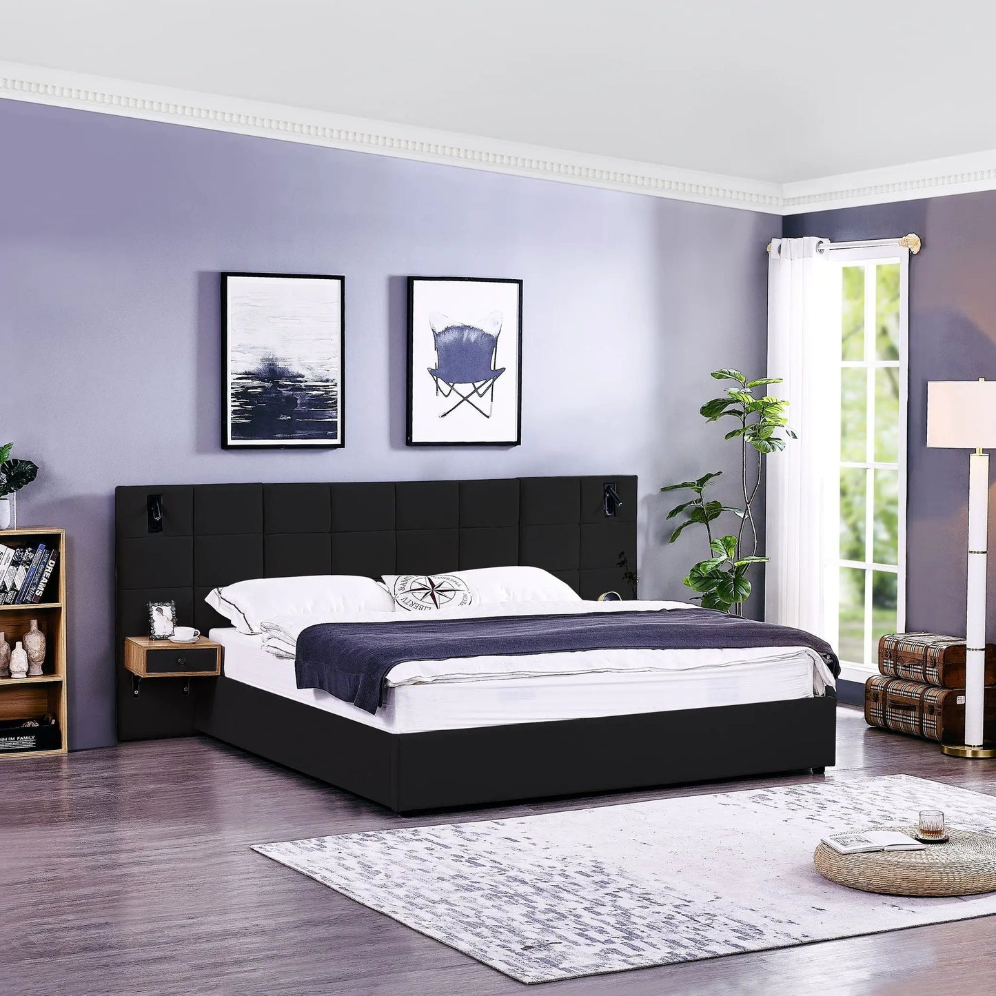Upholstered black platform bed with storage shelves and built-in reading lamps, USB port on Tampa Home & Garden Store