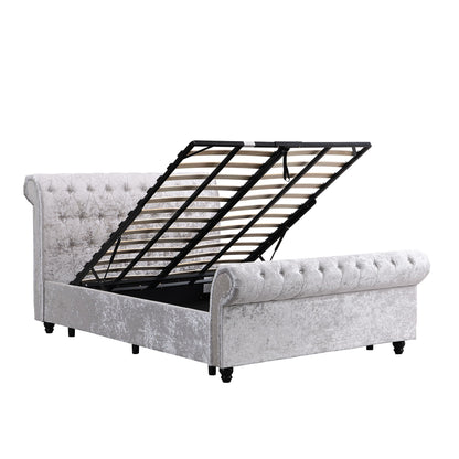 Beige upholstered queen size storage bed with lift-up frame and tufted headboard on Tampa Home & Garden Store