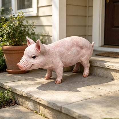 Cheerful beige pig garden statue by HouseOfZazla, pink-toned outdoor sculpture on front steps on Tampa Home & Garden Store