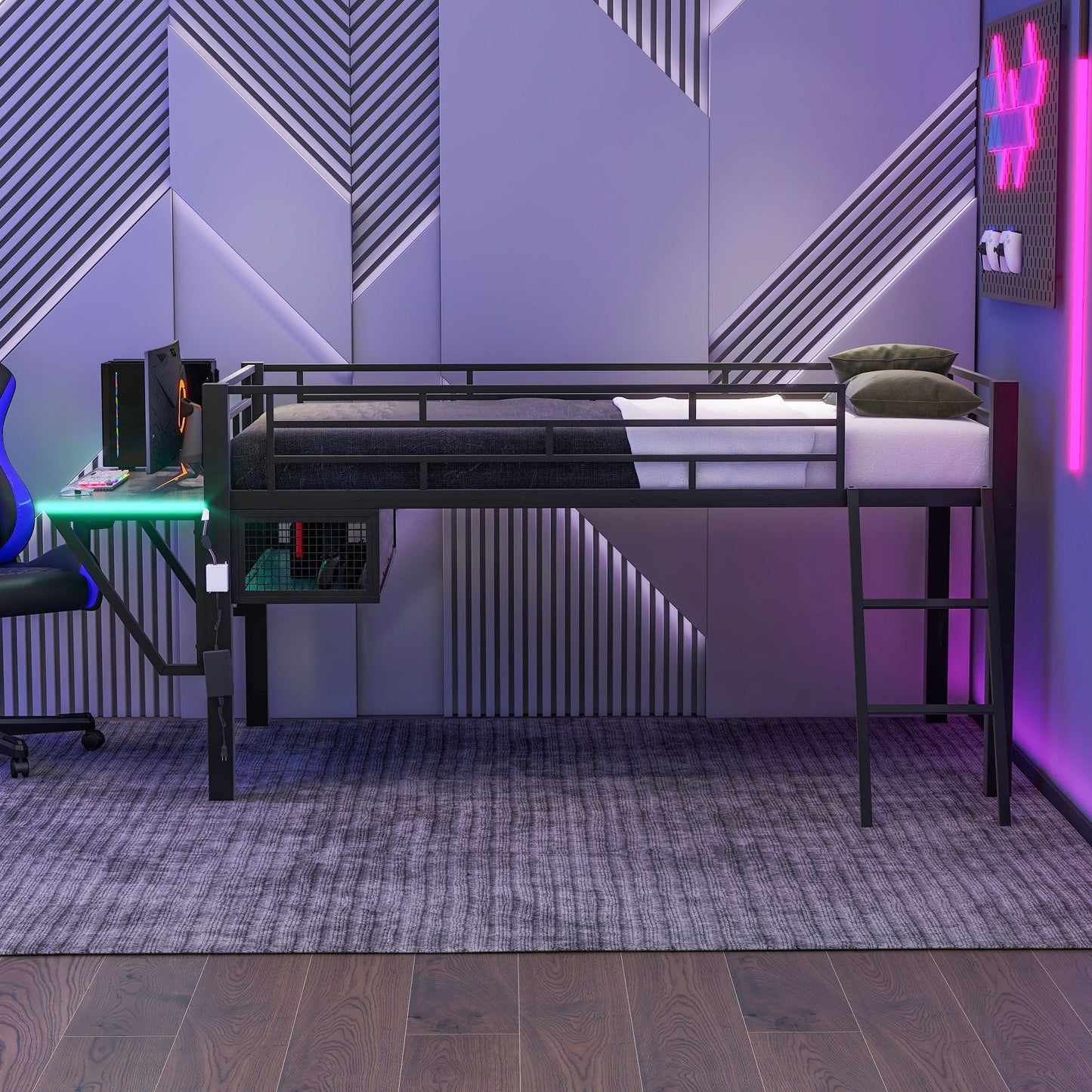 Gaming twin loft bed with desk and LED lighting in black metal frame by HouseOfZazla on Tampa Home & Garden Store