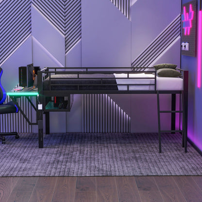 Gaming twin loft bed with desk and LED lighting in black metal frame by HouseOfZazla on Tampa Home & Garden Store