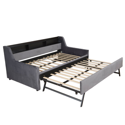 Twin size daybed with trundle in dark gray fabric, storage bed frame with wood slats on Tampa Home & Garden Store