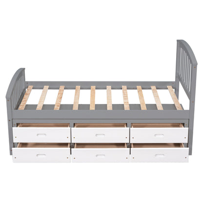 Platform storage bed in gray solid wood with six built-in drawers, slatted base, curved headboard on Tampa Home & Garden Store