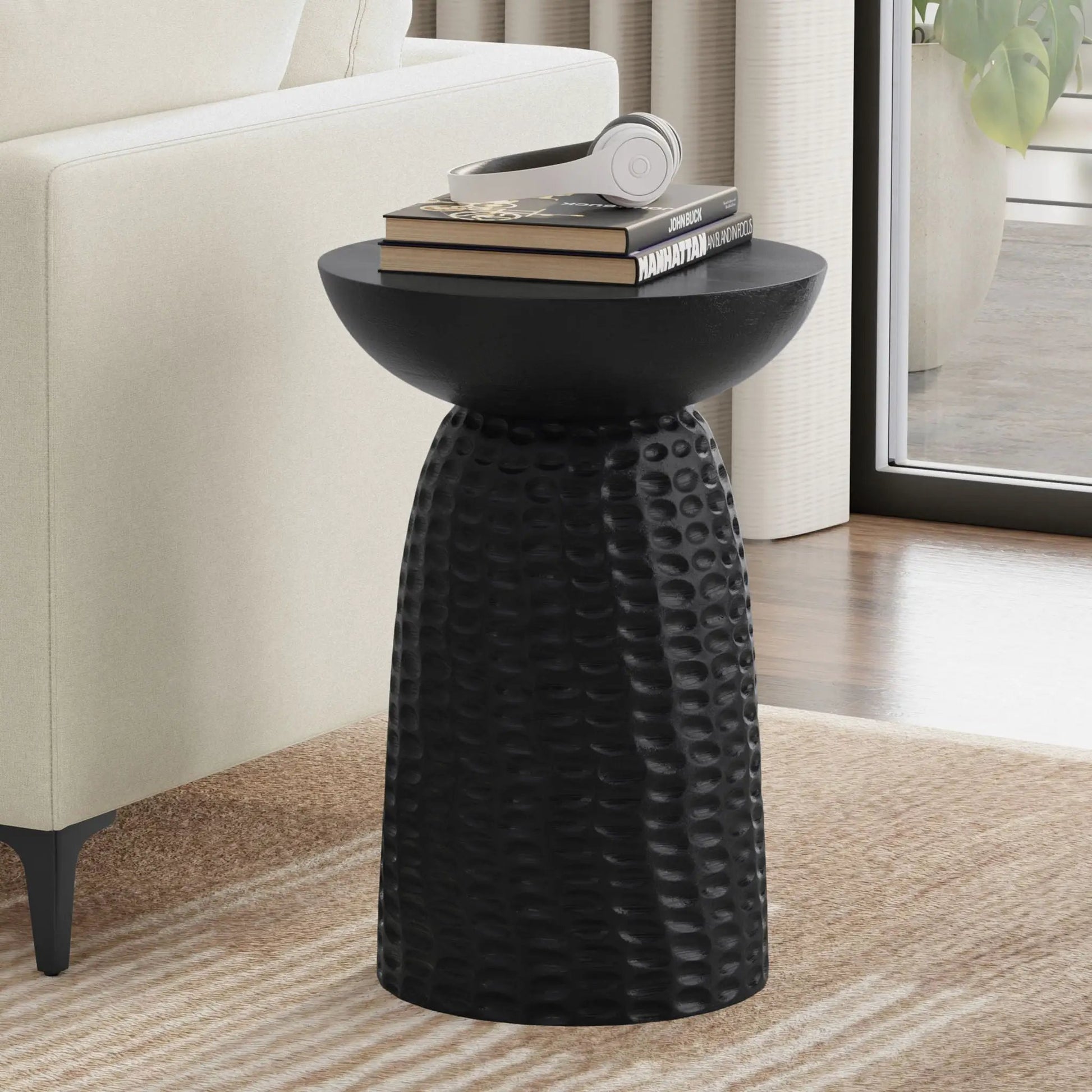 Boyd Handcrafted Accent Table by Unique Piece Furniture, black hammered metal pedestal on Tampa Home & Garden Store
