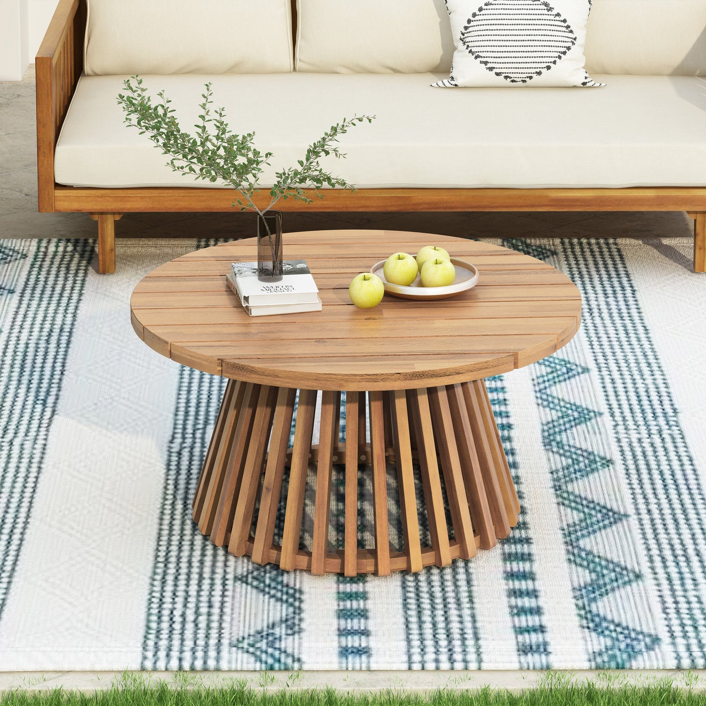 Acacia Wood Patio Coffee Table by HouseOfZazla with natural finish and round slatted base on Tampa Home & Garden Store