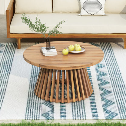 Acacia Wood Patio Coffee Table by HouseOfZazla with natural finish and round slatted base on Tampa Home & Garden Store