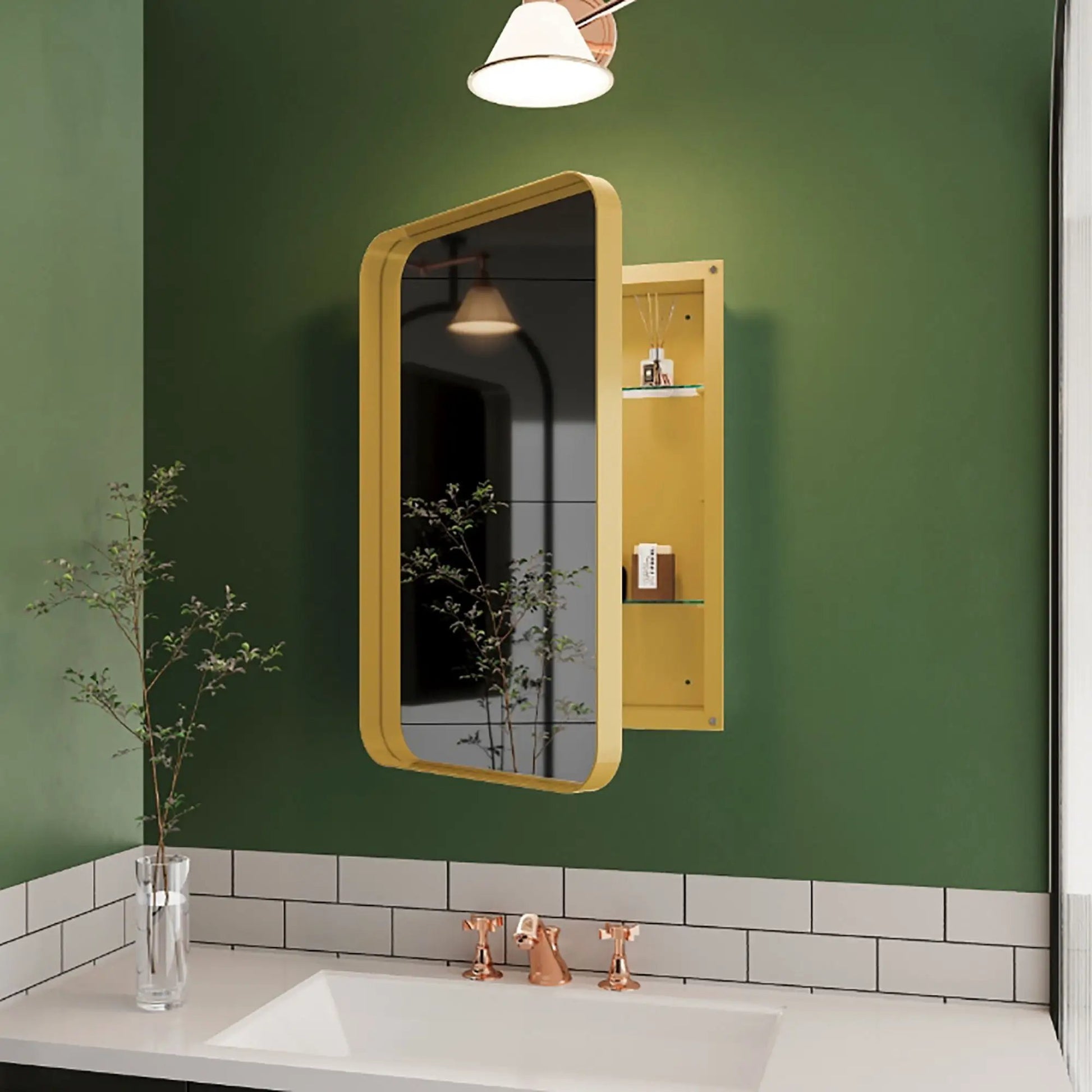 Recessed gold metal medicine cabinet with mirror, adjustable shelves by Unique Piece Furniture on Tampa Home & Garden Store