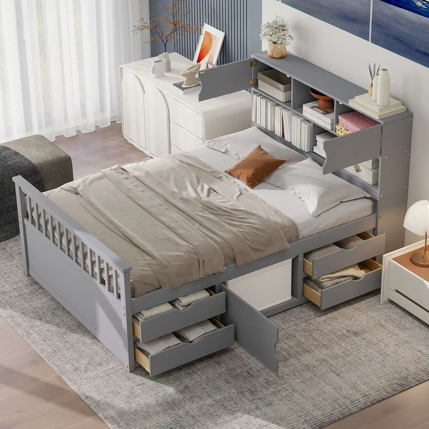 Captain Platform Bed Frame with Bookcase Headboard and 4 Drawers gray Unique Piece Furniture on Tampa Home & Garden Store