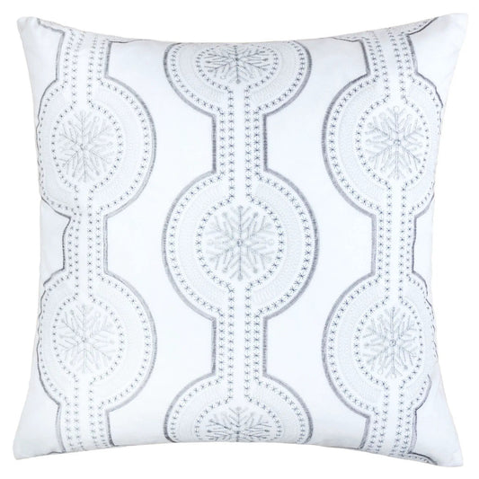 Holiday throw pillow with silver snowflake embroidery and geometric framed pattern on Tampa Home & Garden Store