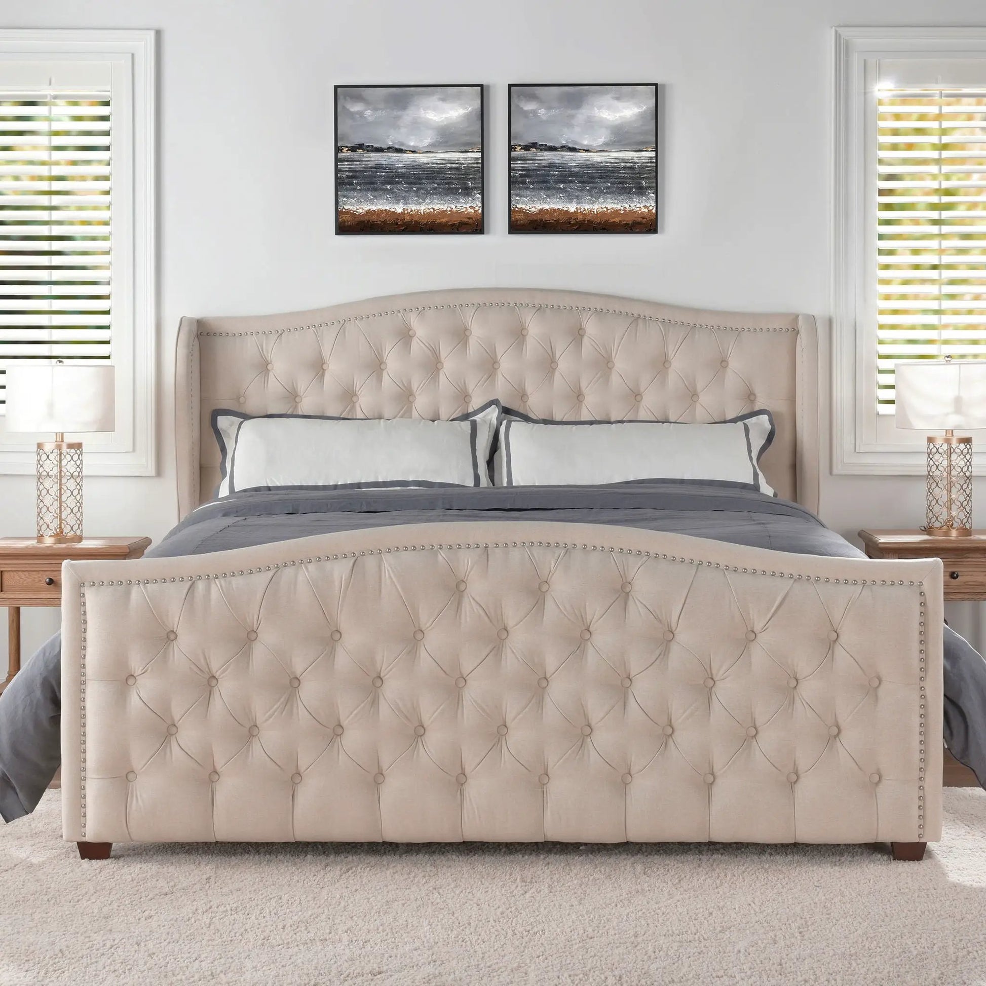 Marcella upholstered shelter headboard bed set in taupe fabric with tufted nailhead trim on Tampa Home & Garden Store
