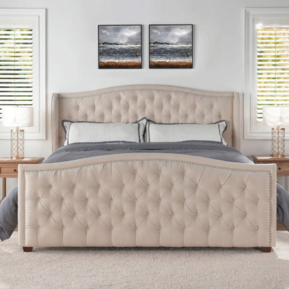 Marcella upholstered shelter headboard bed set in taupe fabric with tufted nailhead trim on Tampa Home & Garden Store