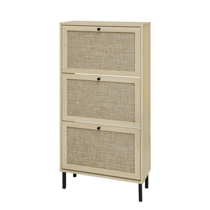Rattan 3 Door Shoe Rack Cabinet for Entryway