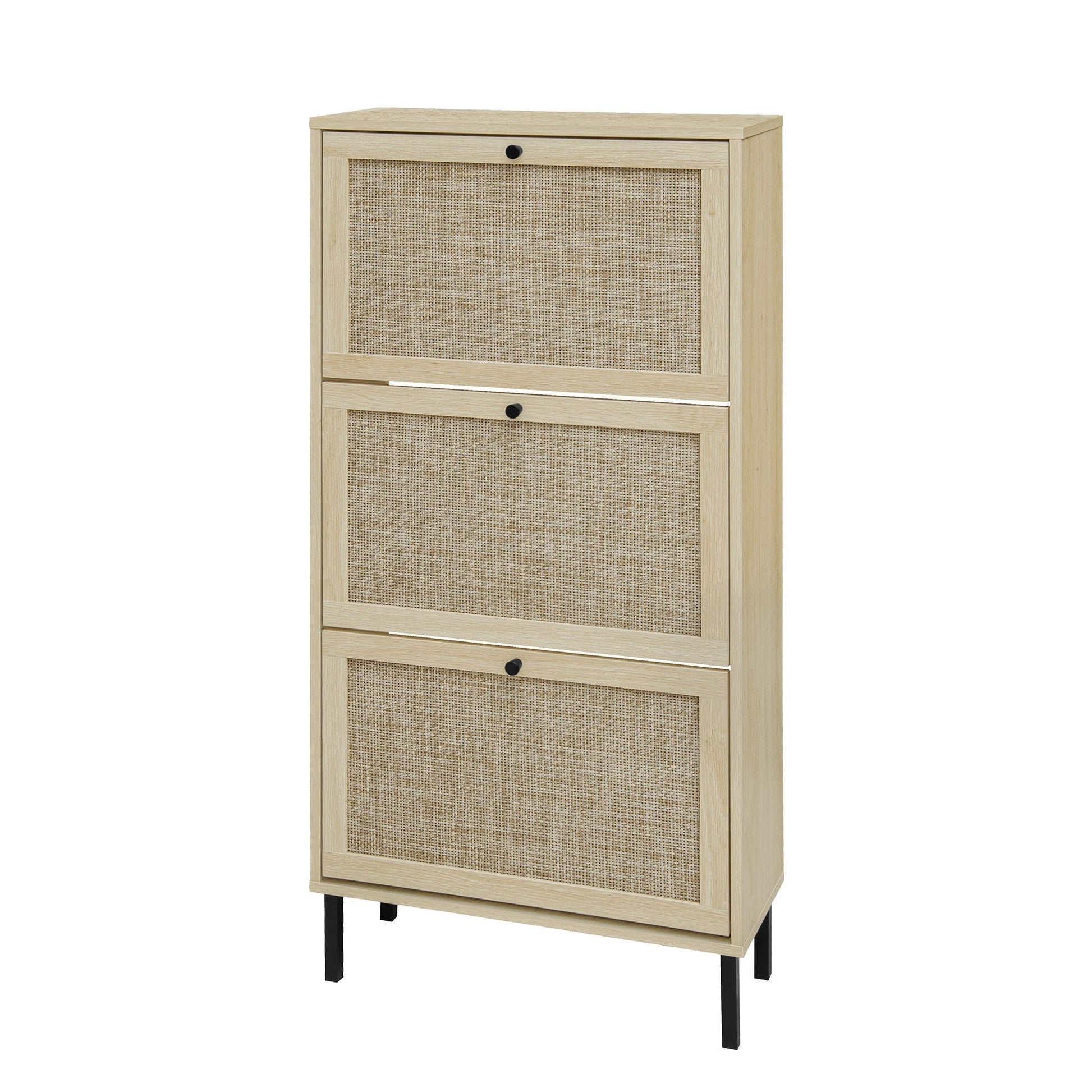 Modern Rattan 3-Door Shoe Cabinet with light wood frame and woven panels on black legs on Tampa Home & Garden Store