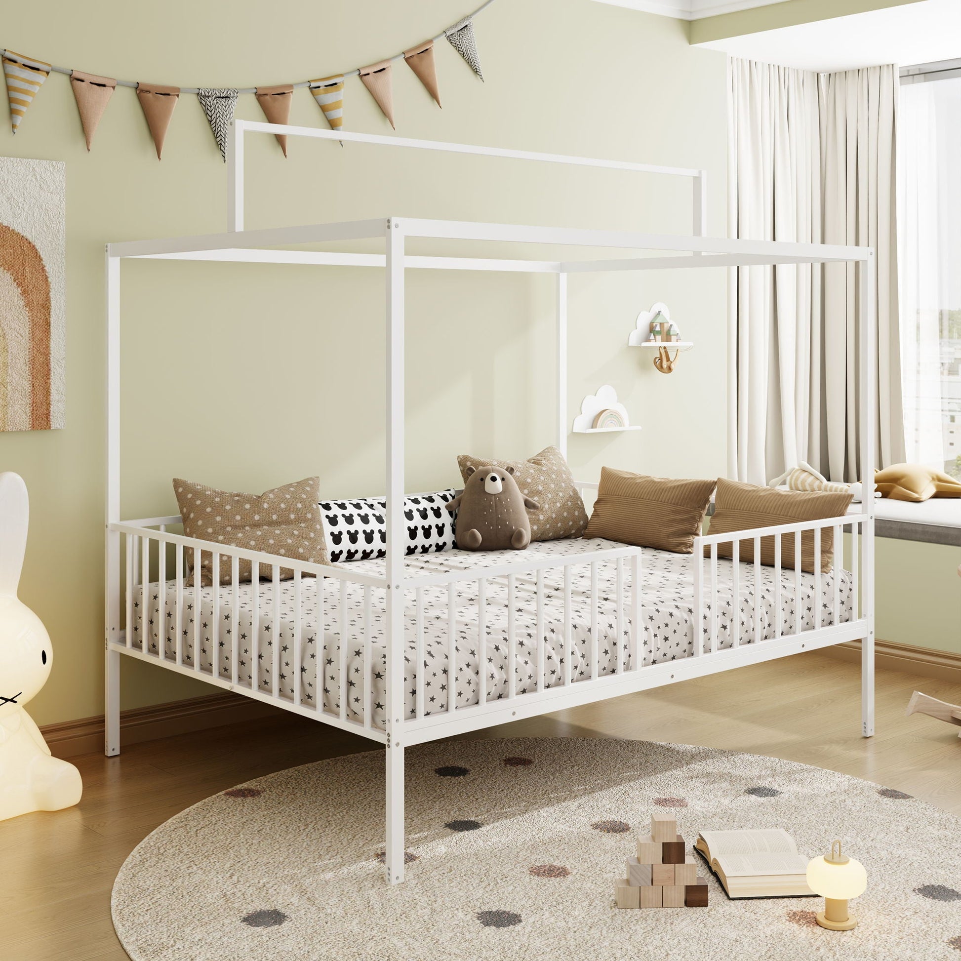 3 In 1 Convertible Montessori Floor Bed With Fenced Support white metal canopy bed with star-pattern bedding on Tampa Home & Garden Store