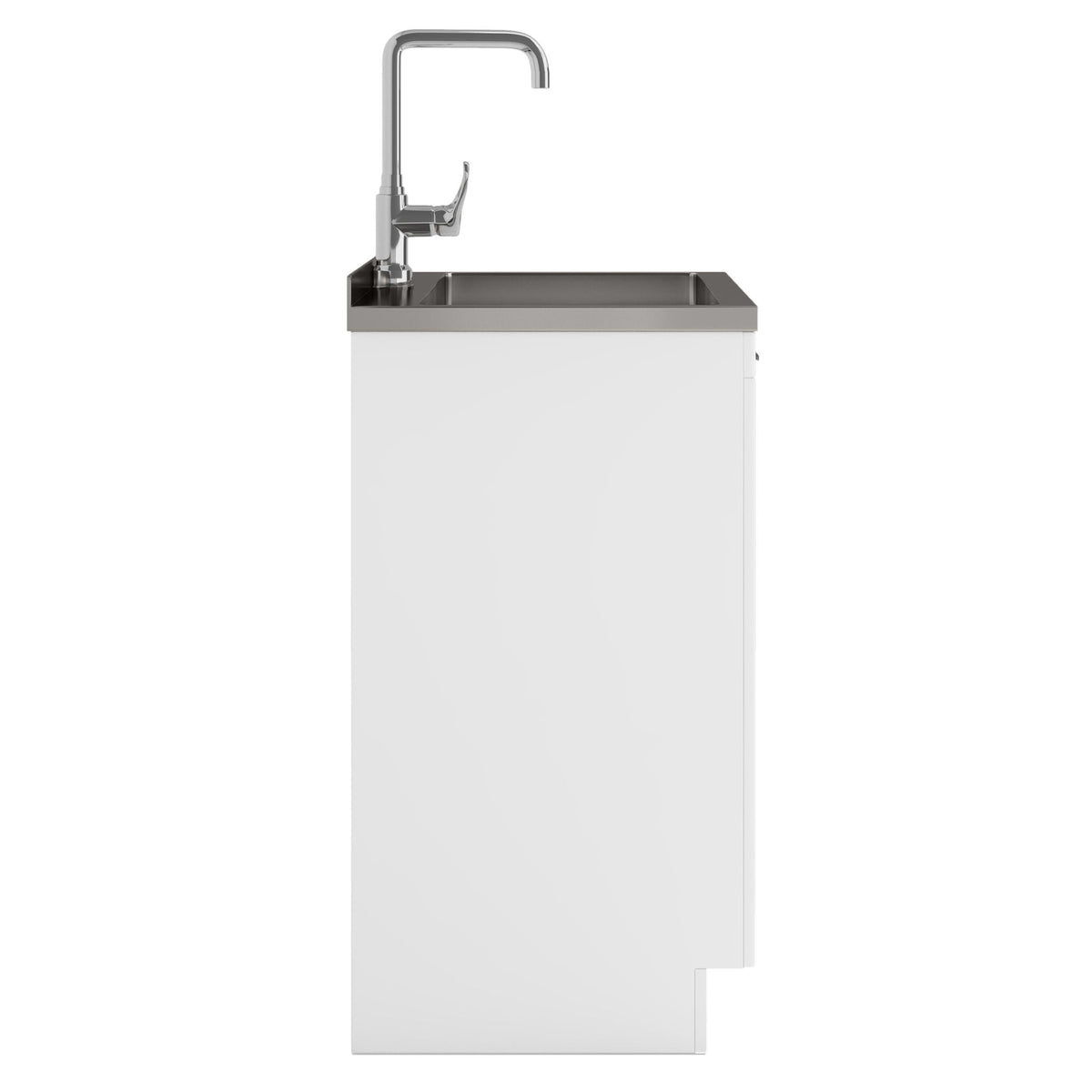 White laundry vanity cabinet with stainless steel sink and high-arc chrome faucet on Tampa Home & Garden Store