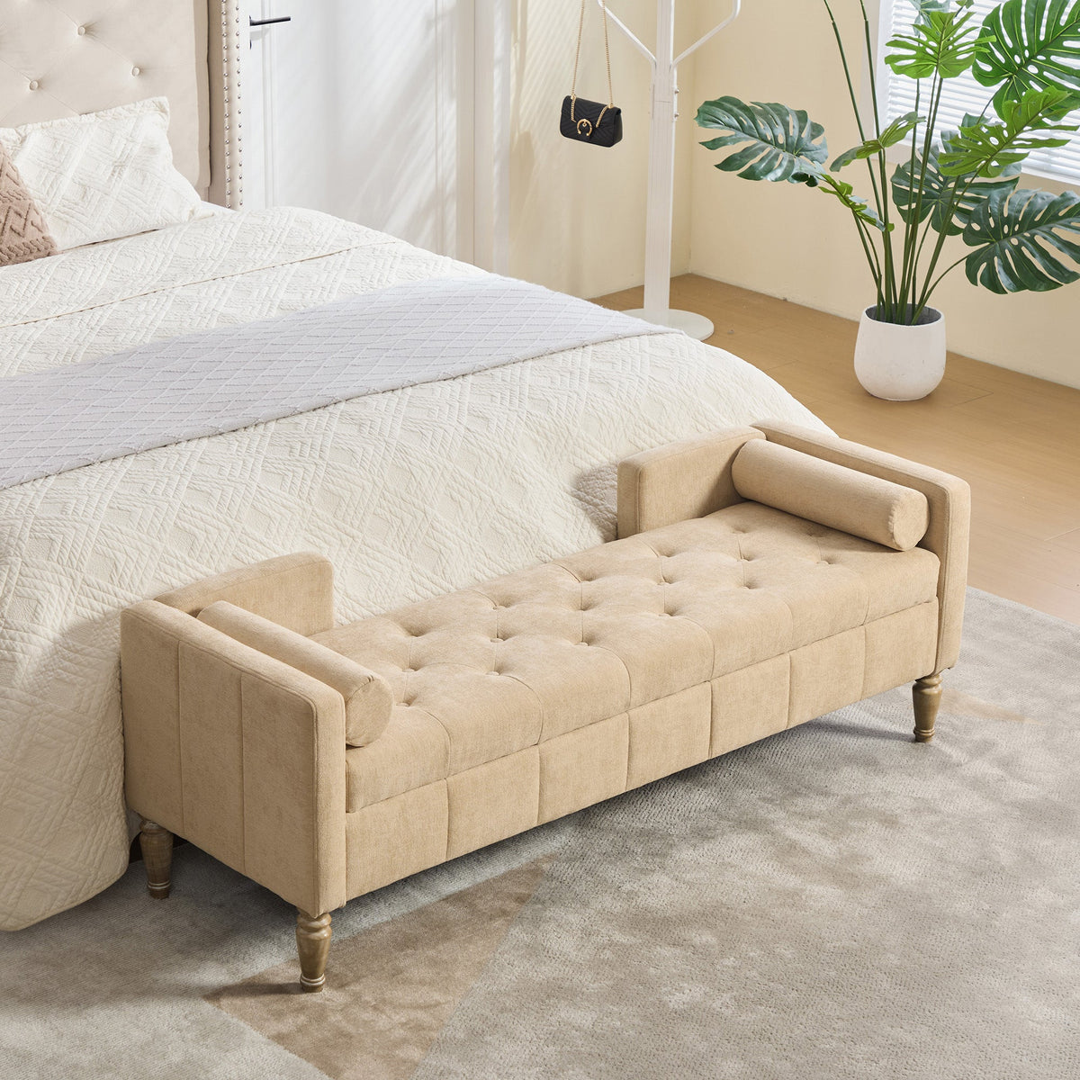 64.6W Upholstered Chenille End of Bed Storage Bench by HouseOfZazla beige tufted with legs on Tampa Home & Garden Store