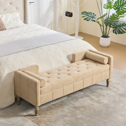 64.6W Upholstered Chenille End of Bed Storage Bench by HouseOfZazla beige tufted with legs on Tampa Home & Garden Store