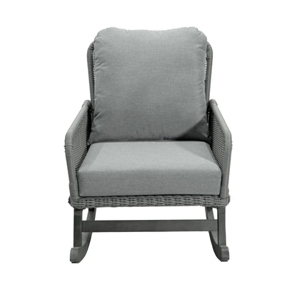 Contemporary minimalist wicker rocking chair with gray cushions and dark frame on Tampa Home & Garden Store