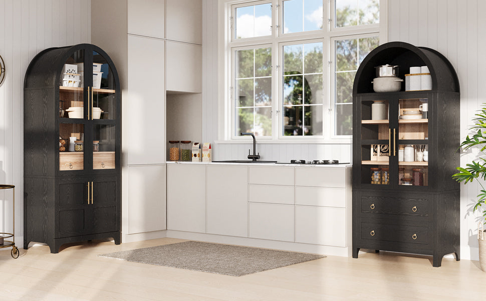 K&K 71-inch Tall Arched Kitchen Pantry Cabinet pair in black with glass doors by HouseOfZazla on Tampa Home & Garden Store