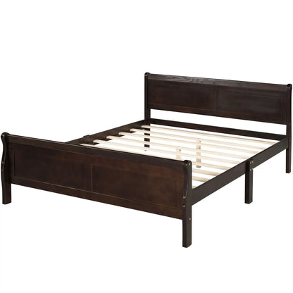 Platform bed frame with sleigh headboard and footboard in dark wood, wood slat support on Tampa Home & Garden Store