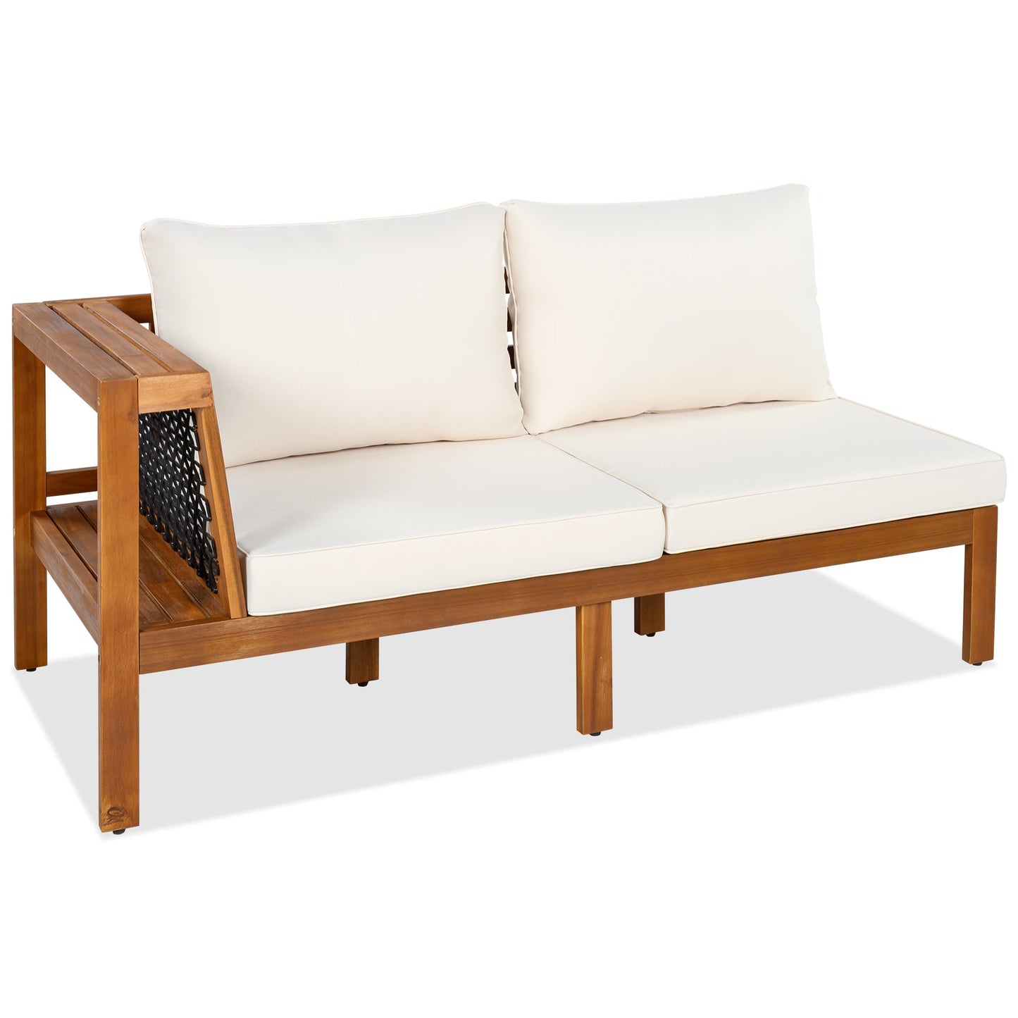 GO 4-Piece Outdoor Acacia Wood Sofa Set with Coffee Table, white cushions, natural wood frame on Tampa Home & Garden Store