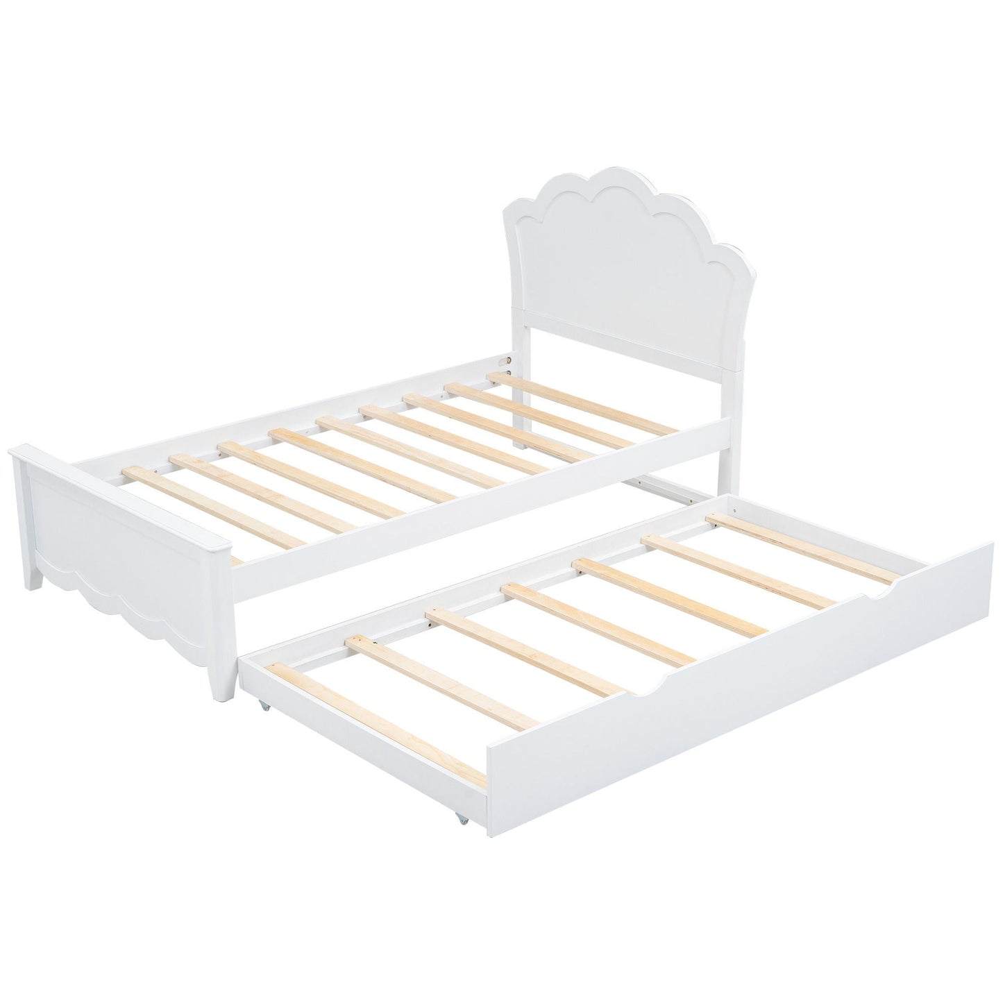 White platform bed with scalloped headboard and pull-out trundle on Tampa Home & Garden Store