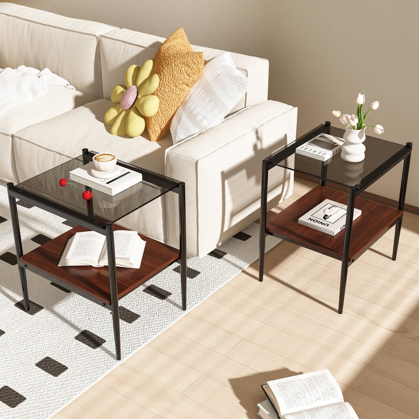 Set of 2 rectangle end tables with gray glass tops and black metal frames on Tampa Home & Garden Store