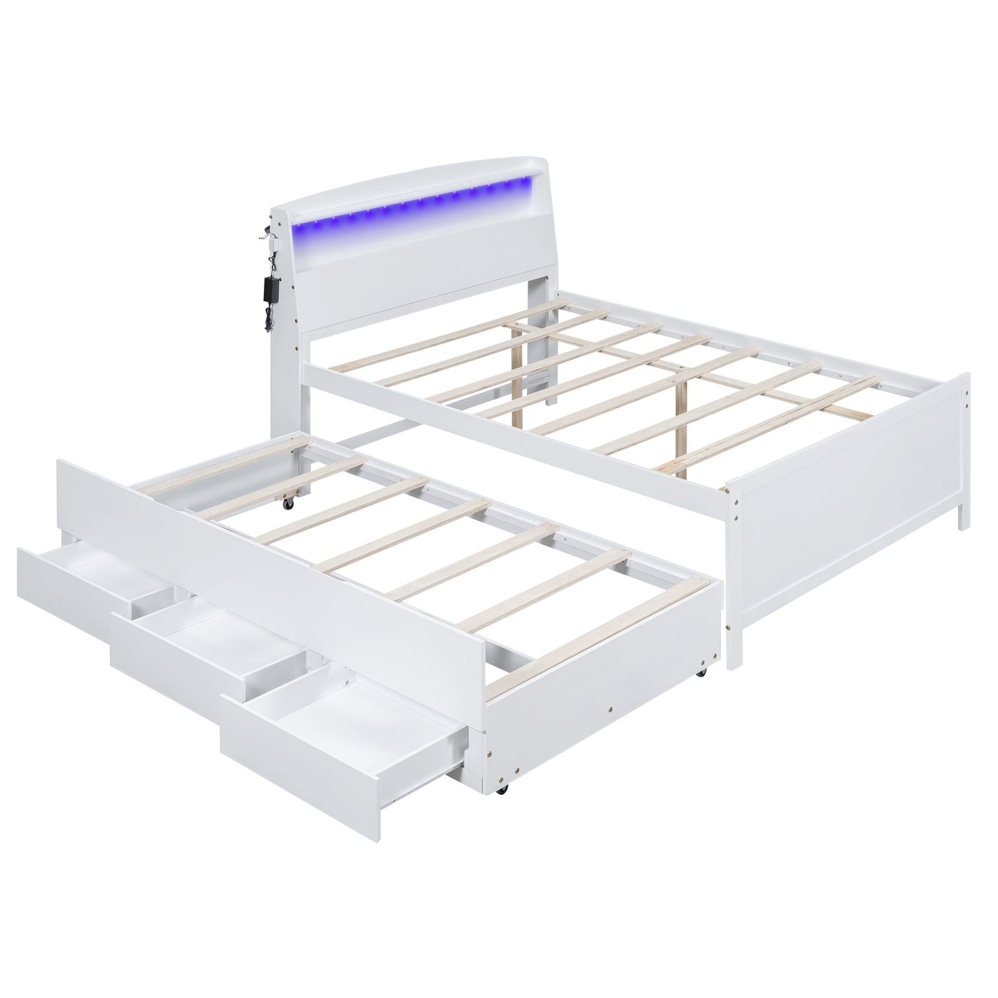Full-size white platform bed with storage LED headboard, twin trundle and 3 drawers on Tampa Home & Garden Store