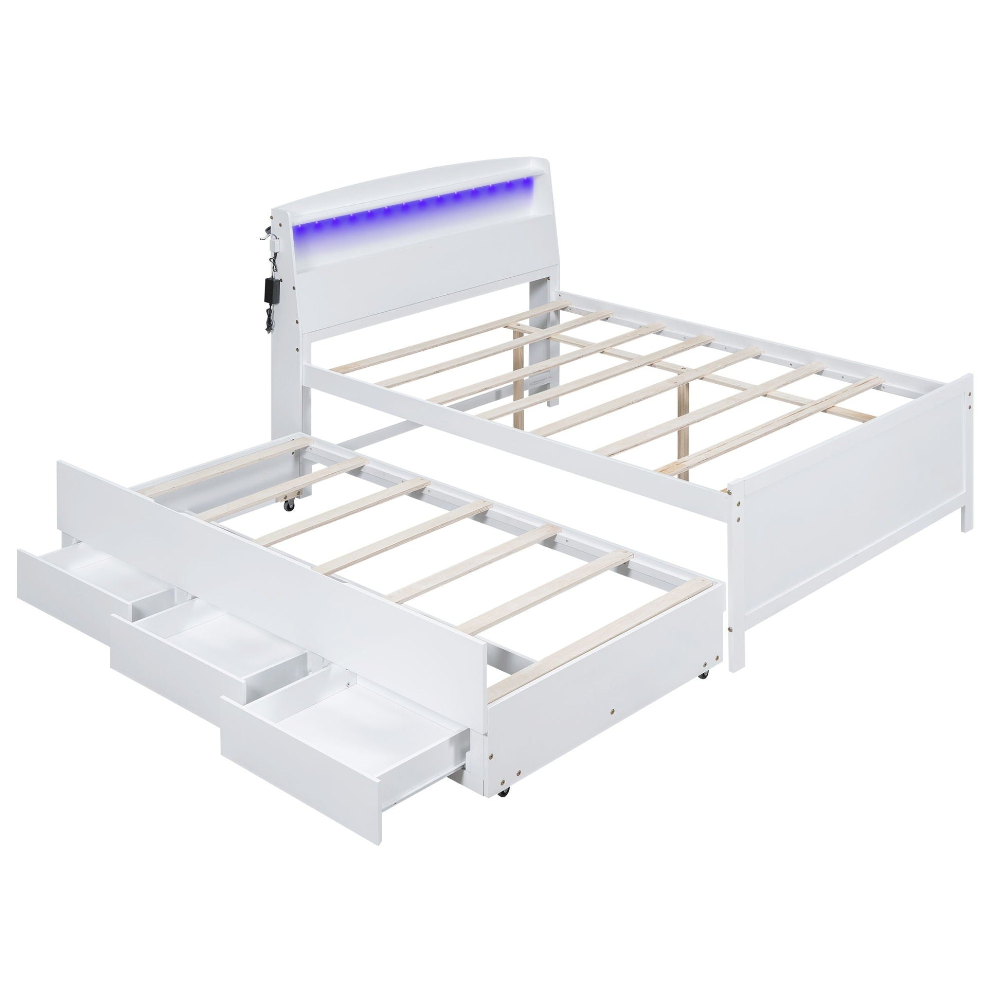 Full-size white platform bed with storage LED headboard, twin trundle and 3 drawers on Tampa Home & Garden Store