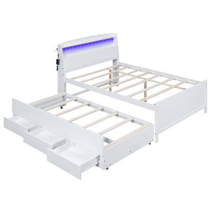 Full-size white platform bed with storage LED headboard, twin trundle and 3 drawers on Tampa Home & Garden Store