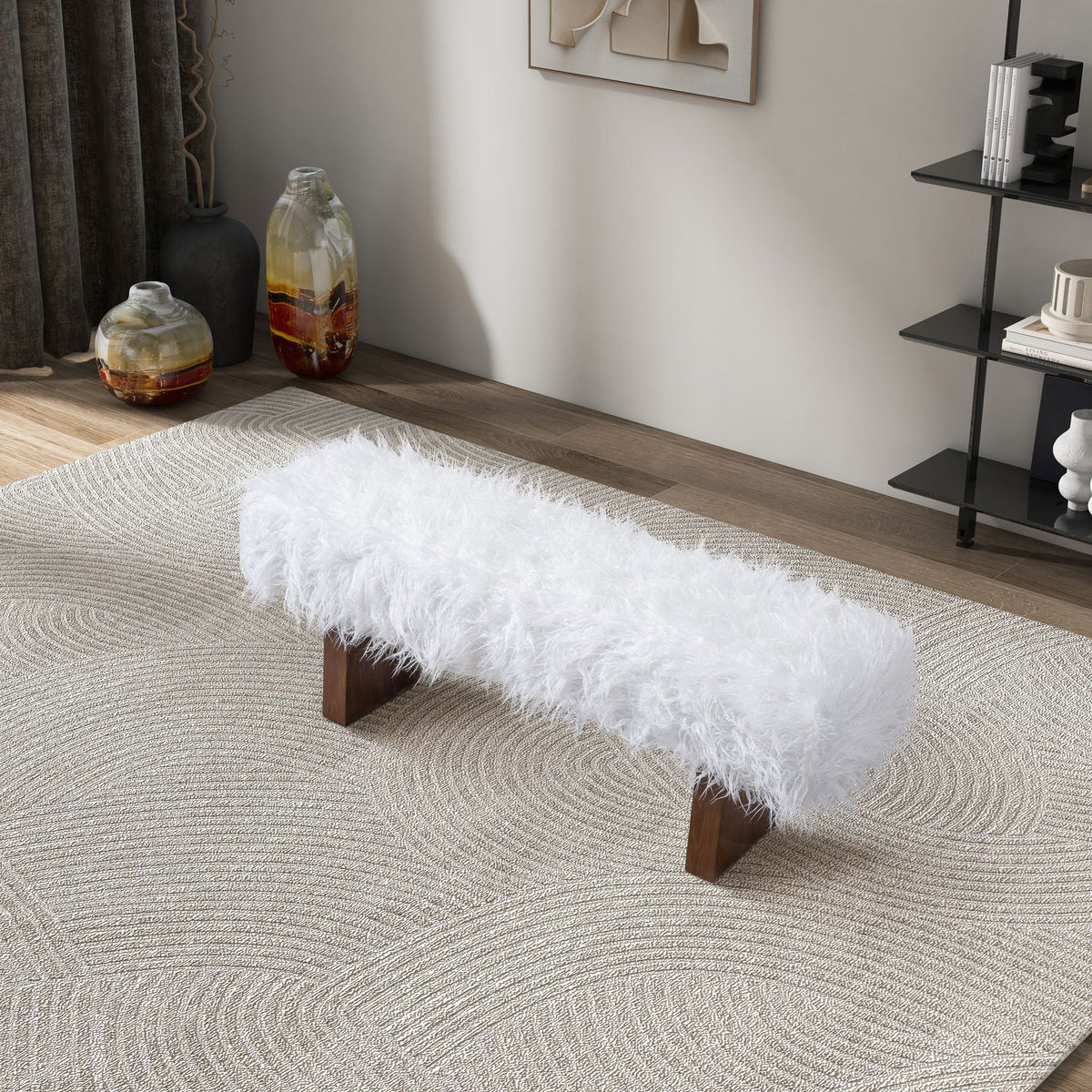 White khaki faux fur upholstered bench with walnut frame and wood legs on Tampa Home & Garden Store