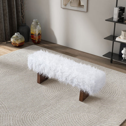 White khaki faux fur upholstered bench with walnut frame and wood legs on Tampa Home & Garden Store
