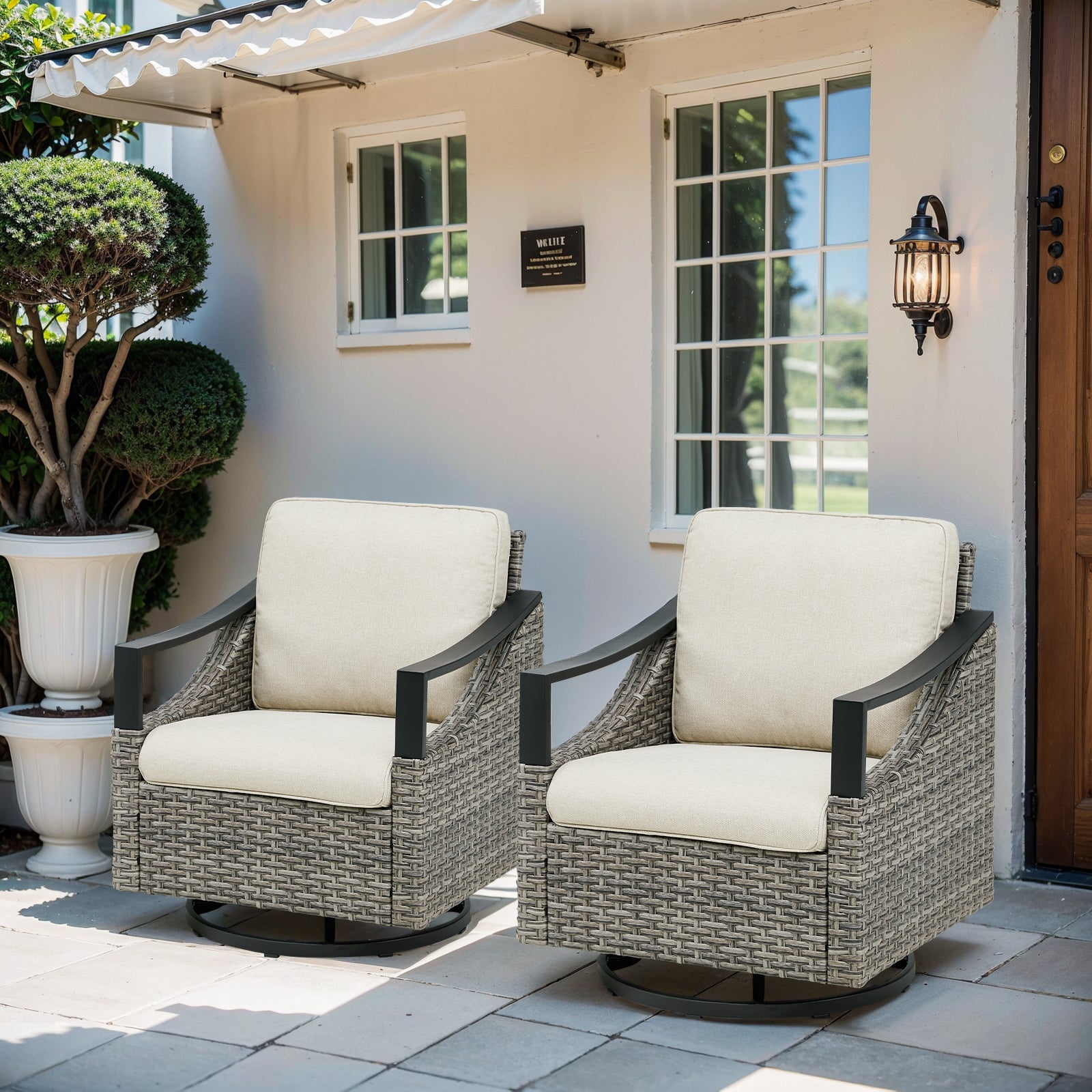 Outdoor Swivel Rocking Glider Chairs set of 2 by HouseOfZazla in gray wicker with beige cushions on Tampa Home & Garden Store