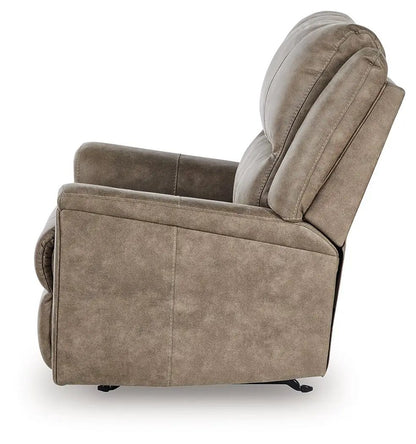 Lixtowel Rocker Recliner by Unique Piece Furniture in taupe suede with plush cushions on Tampa Home & Garden Store