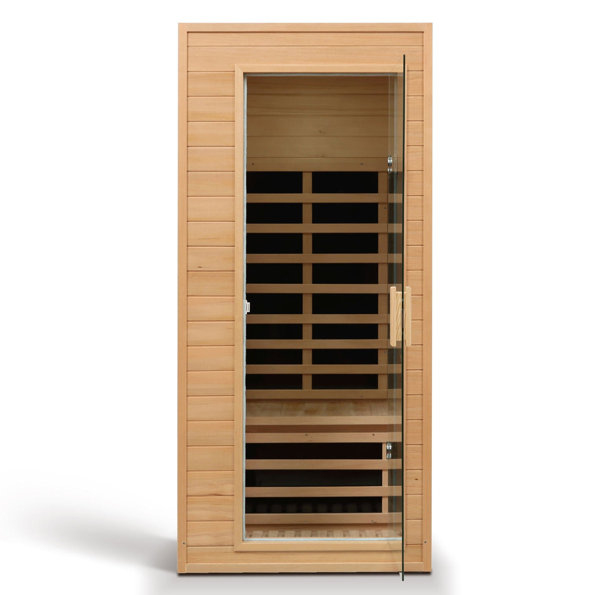 HouseOfZazla Hemlock infrared sauna single unit with glass door in light brown wood on Tampa Home & Garden Store