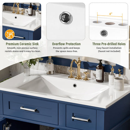 Modern bathroom vanity with white ceramic sink on blue storage cabinet with soft-close drawers on Tampa Home & Garden Store