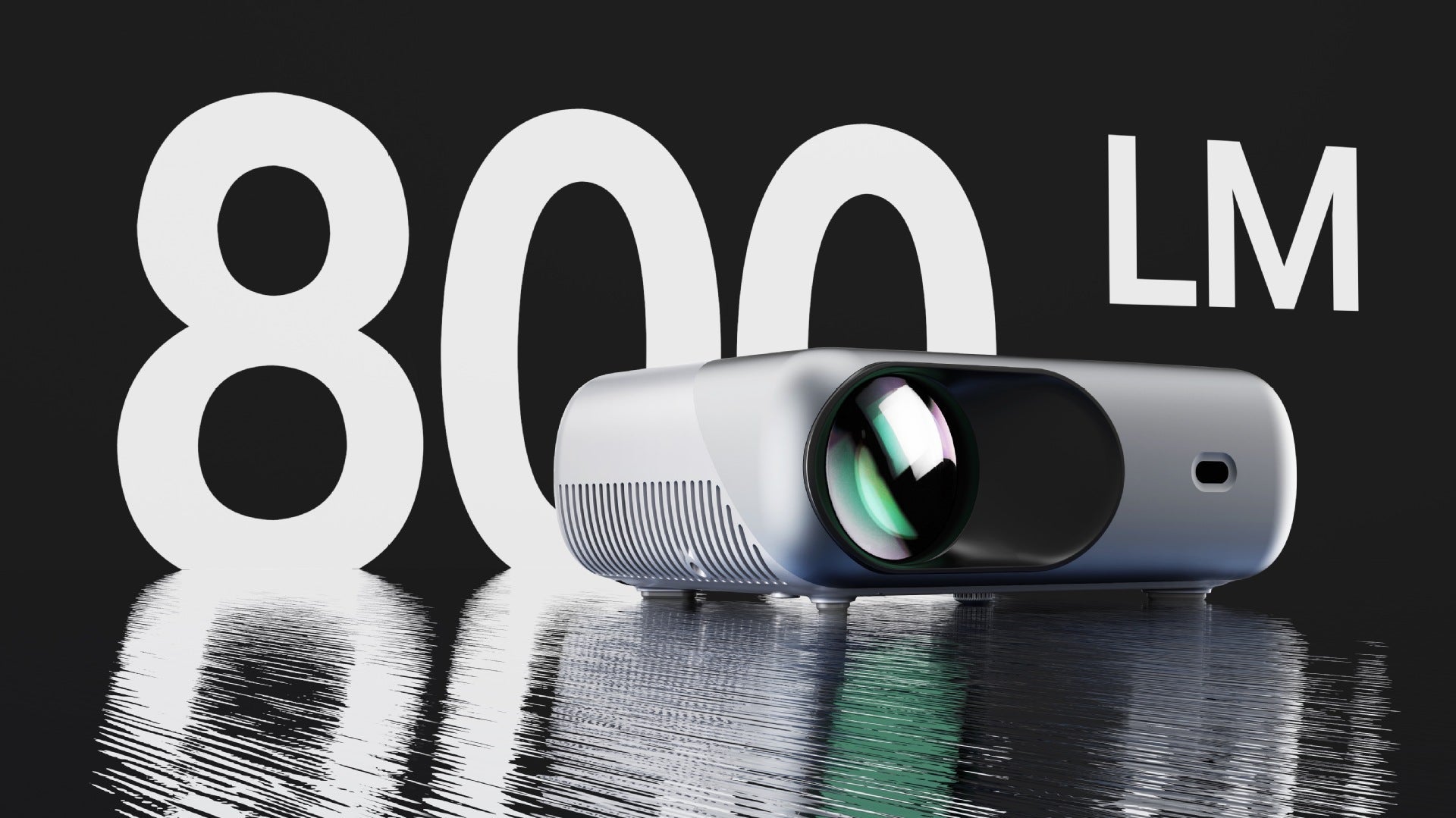 Projector with 800 LM text overlay, sleek silver body and large lens on Tampa Home & Garden Store