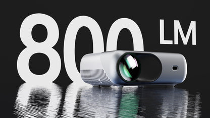 Projector with 800 LM text overlay, sleek silver body and large lens on Tampa Home & Garden Store