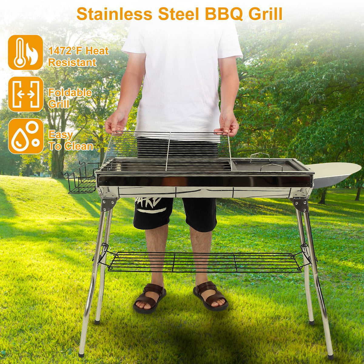 GemGear Foldable stainless steel BBQ grill portable for picnic camping backyard cooking on Tampa Home & Garden Store