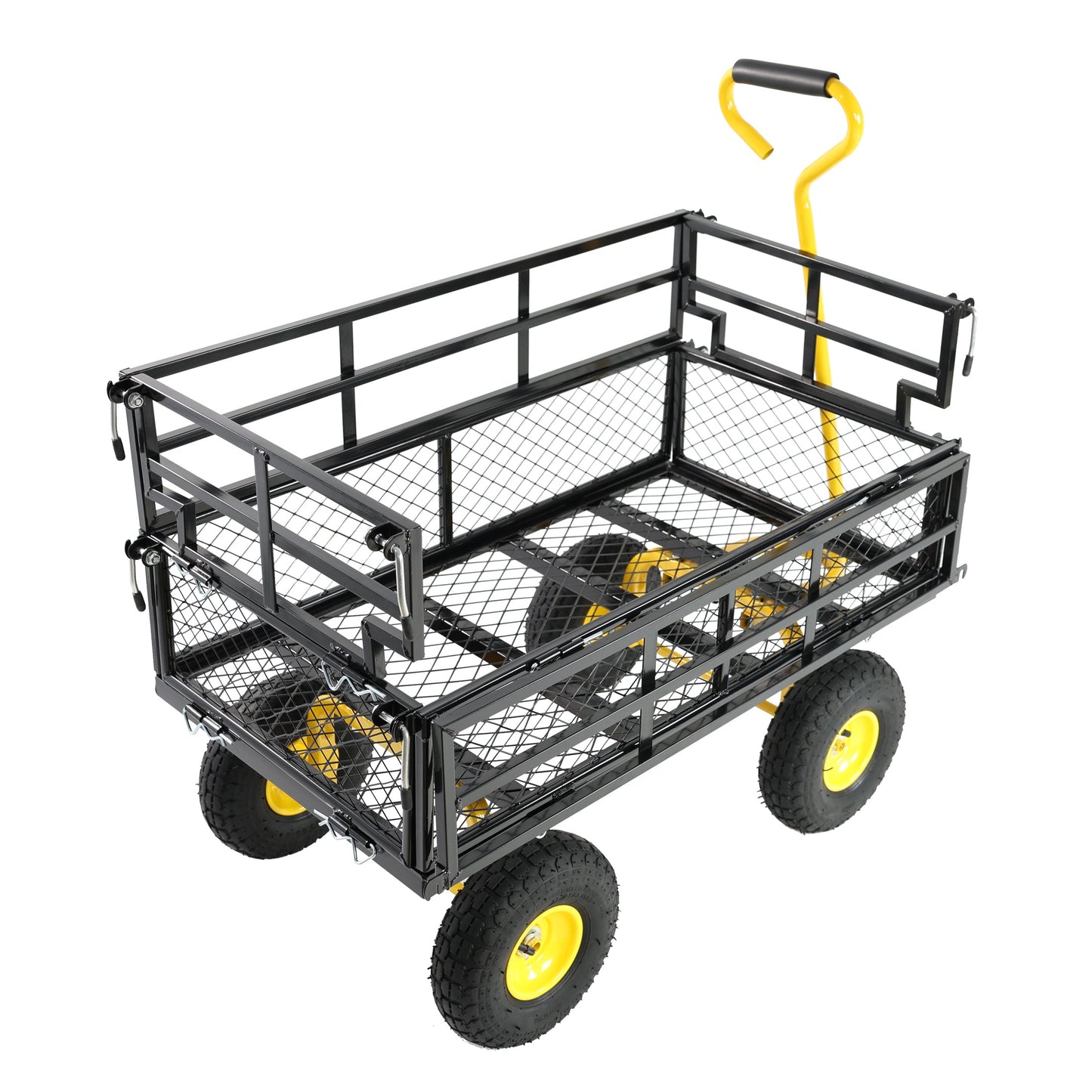 Outdoor wagon cart with black metal frame, curved yellow handle and wheels HouseOfZazla on Tampa Home & Garden Store
