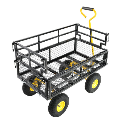 Outdoor wagon cart with black metal frame, curved yellow handle and wheels HouseOfZazla on Tampa Home & Garden Store