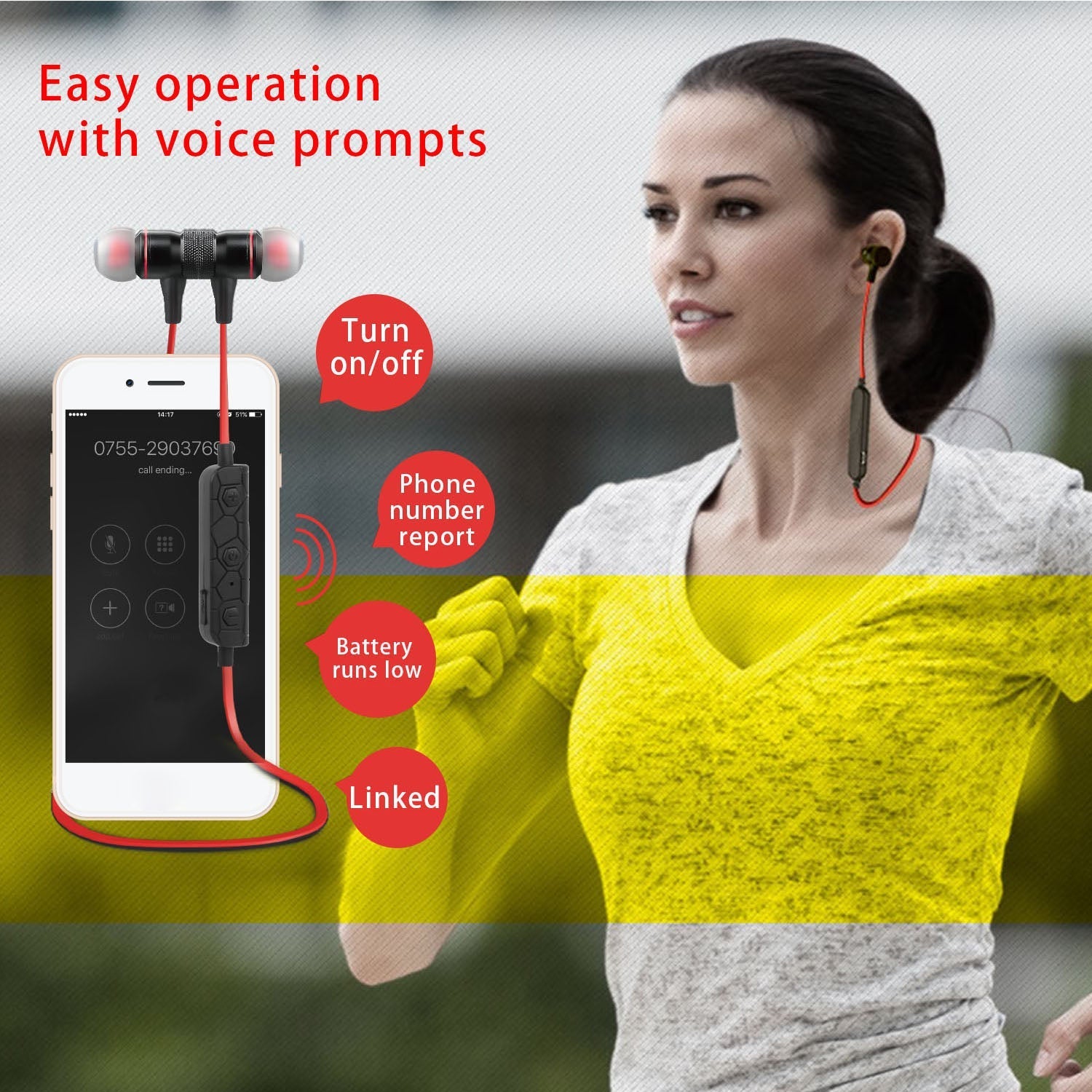 GemGear wireless in-ear neckband sweat-proof sport headphones with red cord and call alert on Tampa Home & Garden Store