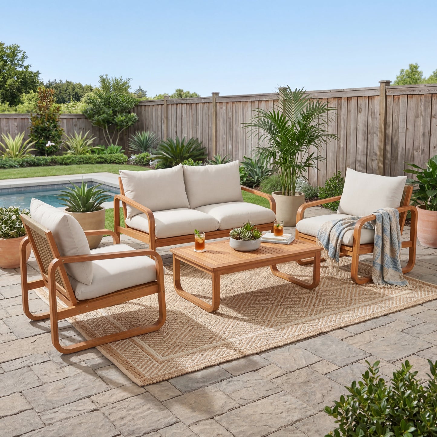 4 Piece Acacia Wood Patio Set and Thick Cushions