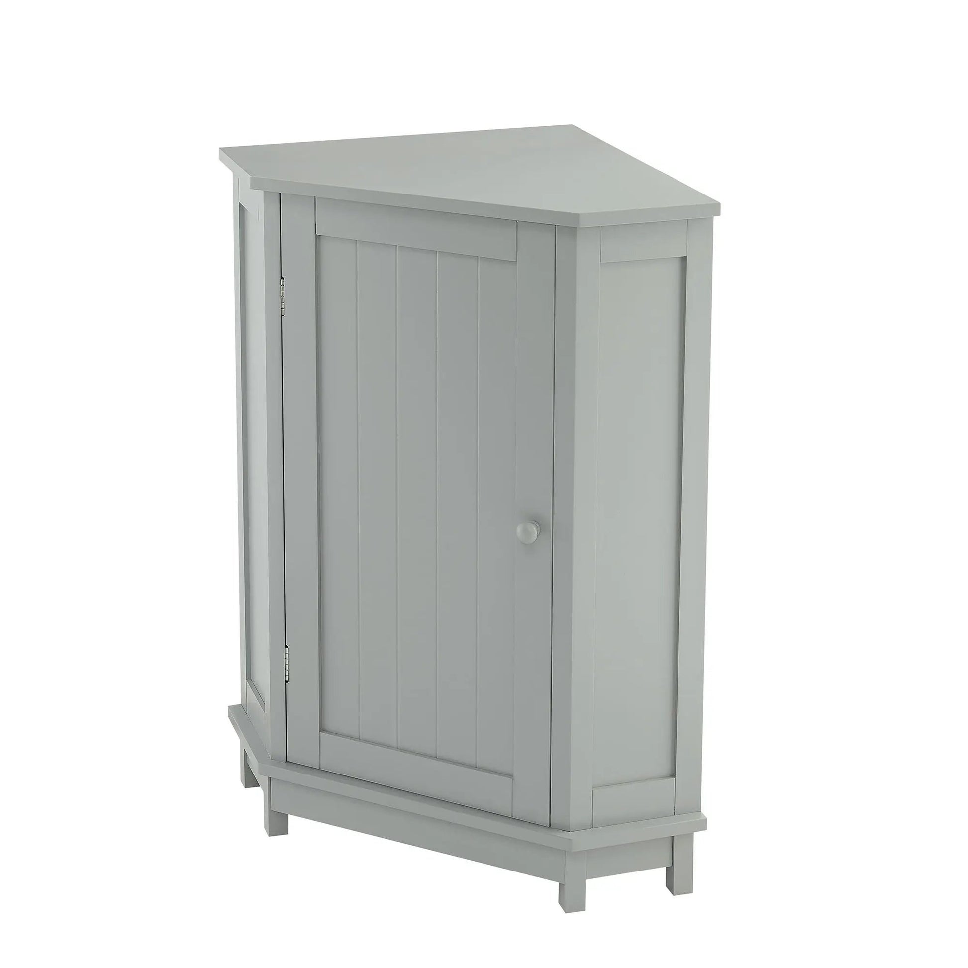 Triangle corner bathroom cabinet with adjustable shelf, light gray beadboard doors on Tampa Home & Garden Store