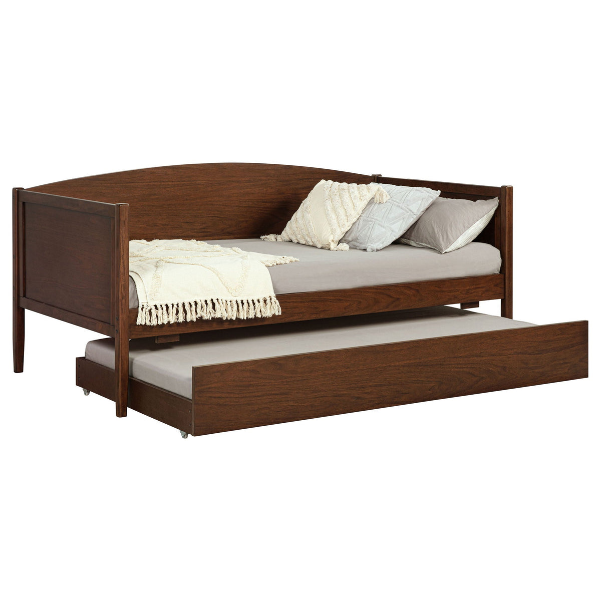 Fallbrook walnut twin daybed with trundle, curved headboard, casters underbed, gray bedding on Tampa Home & Garden Store